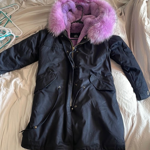 Damiani Women's Hooded Faux Fur Trim Parka Jacket black & purple - Picture 3 of 4